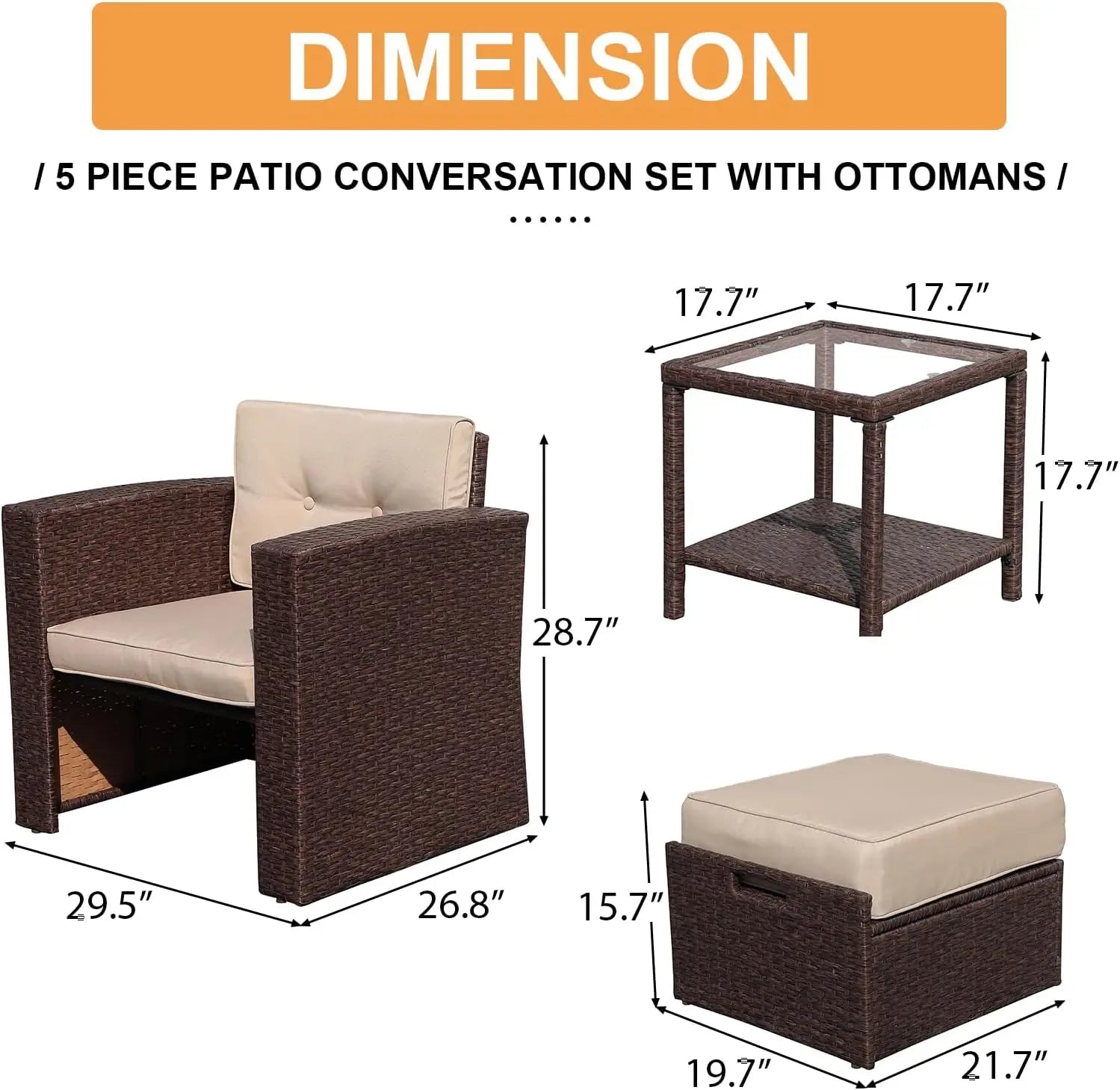 5 Piece Wicker Outdoor Sofa Set, Patio Conversation Set with Ottoman Set