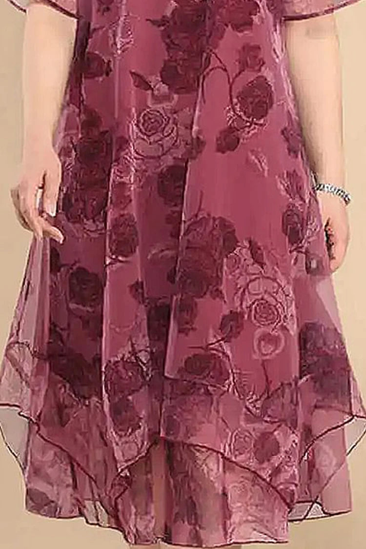 Plus Size Formal Fuchsia Chiffon Floral Print Layered Tea-Length Elegant Midi Dress