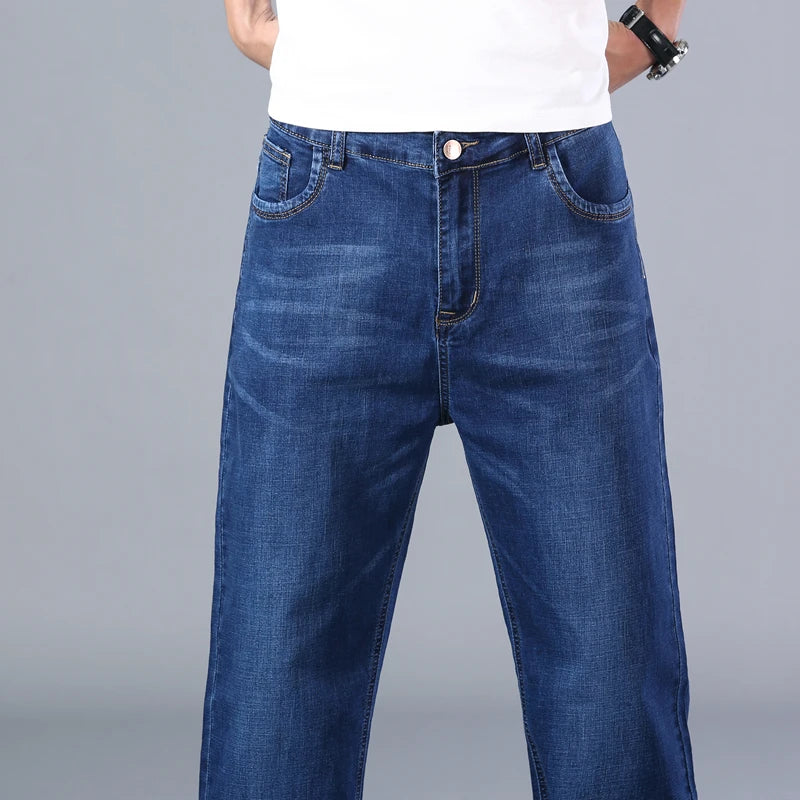 SHAN BAO cotton stretch men's straight loose loose summer thin jeans  spring classic brand casual lightweight jeans blue