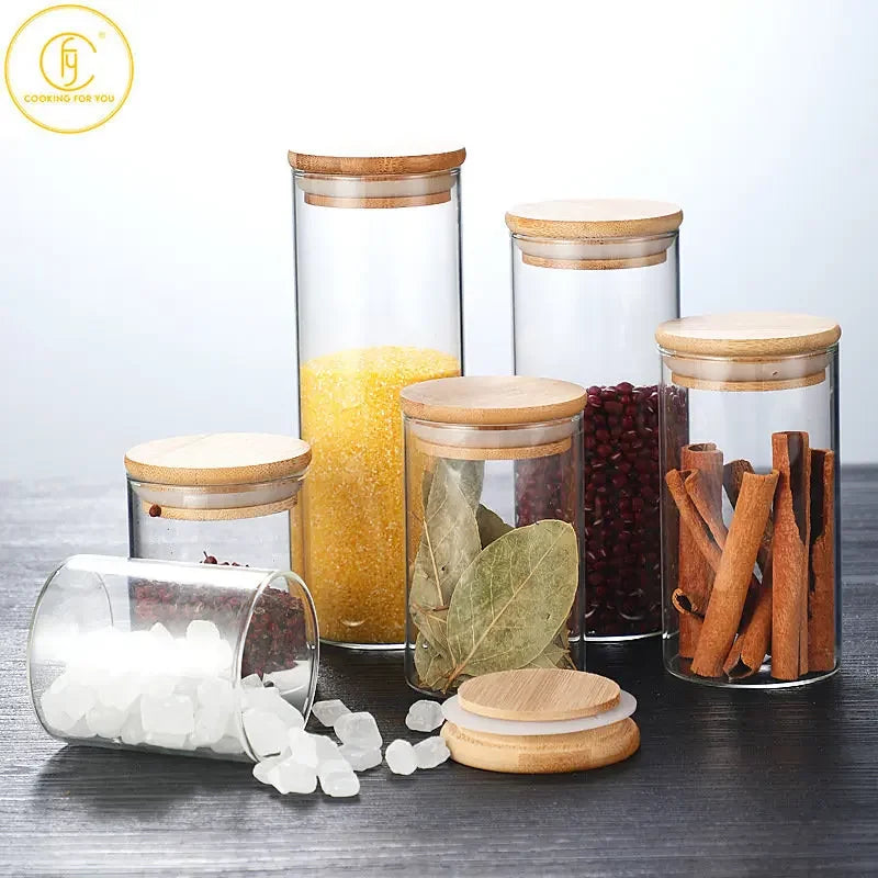 Mason Candy Jar with Bamboo Cover Lid for Spices Grains Noodles Cookie Container