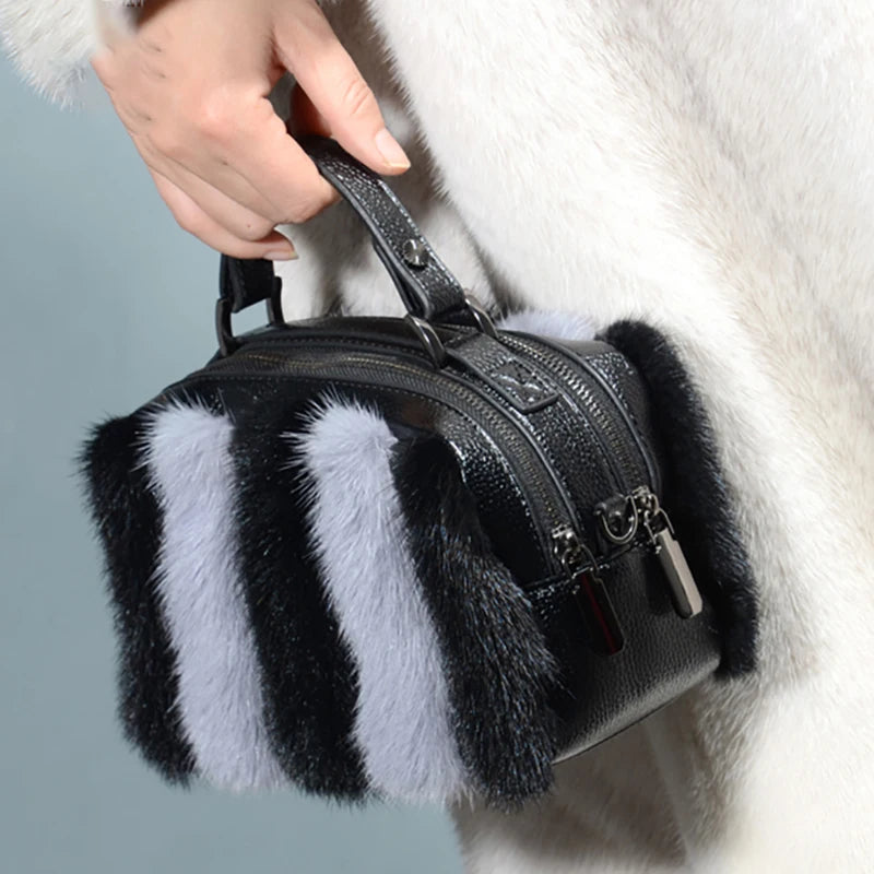 Fur Bag Women Shoulder Bag Double Zipper Square Leisure Real Fur Bag Ladies Bags