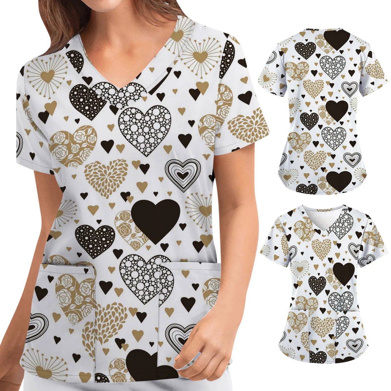 Short-sleeved Top For Nurses V-neck Women Valentine's Day Love Print Uniform Casual Women's Blouse