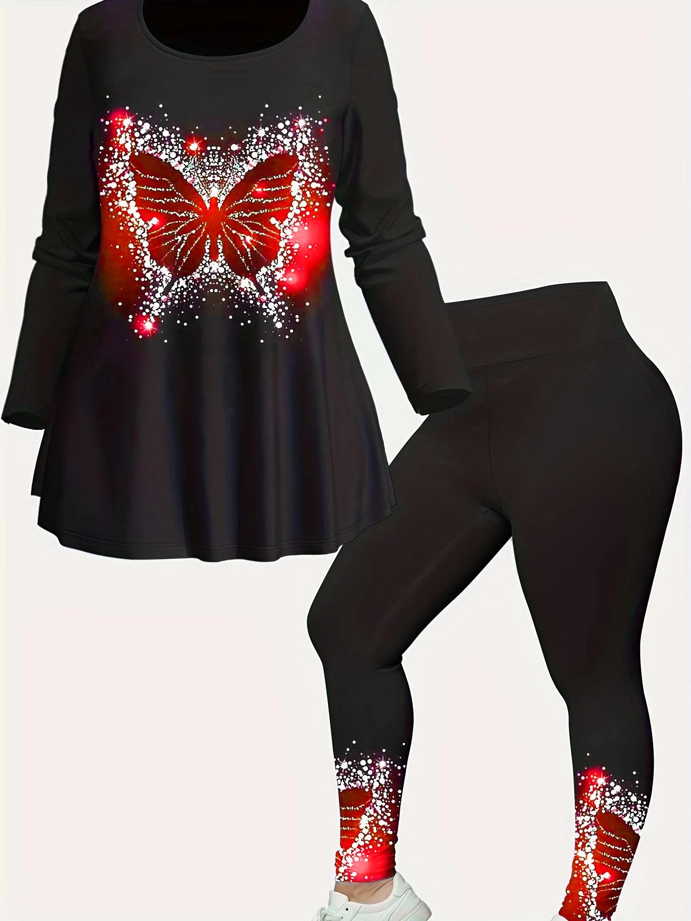 Women Matching Set Long Sleeve Spring Plus Size Black Butterfly Print Two Piece Top and Pants