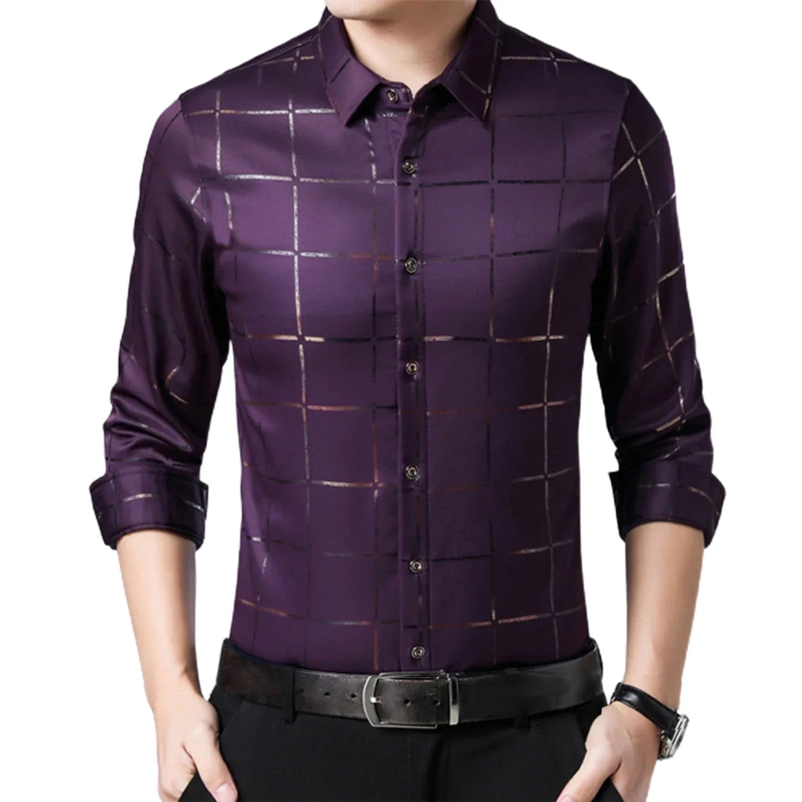 Men Shirt Plaid Print Turn down Collar Single breasted Formal Dress Shirt