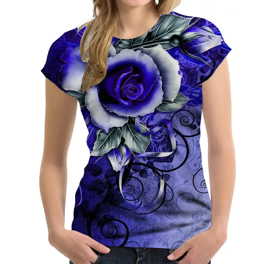 Women's Tshirts Rose Printed T Shirt Ladies Fashion Tee Shirt