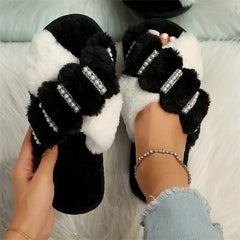 Cross Indoor Floor Slides Flat Soft Furry Ladies Female Celebrities Flip Flops