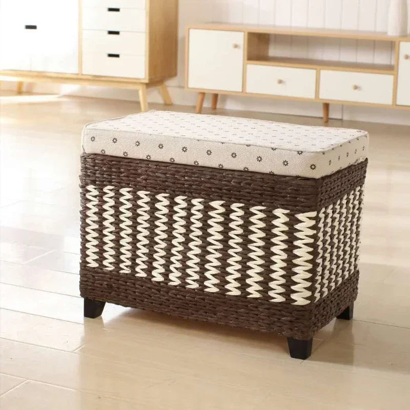 Japanese-style Storage Stool, Woven Storage Step Stool, Rustic Home Foot Stool