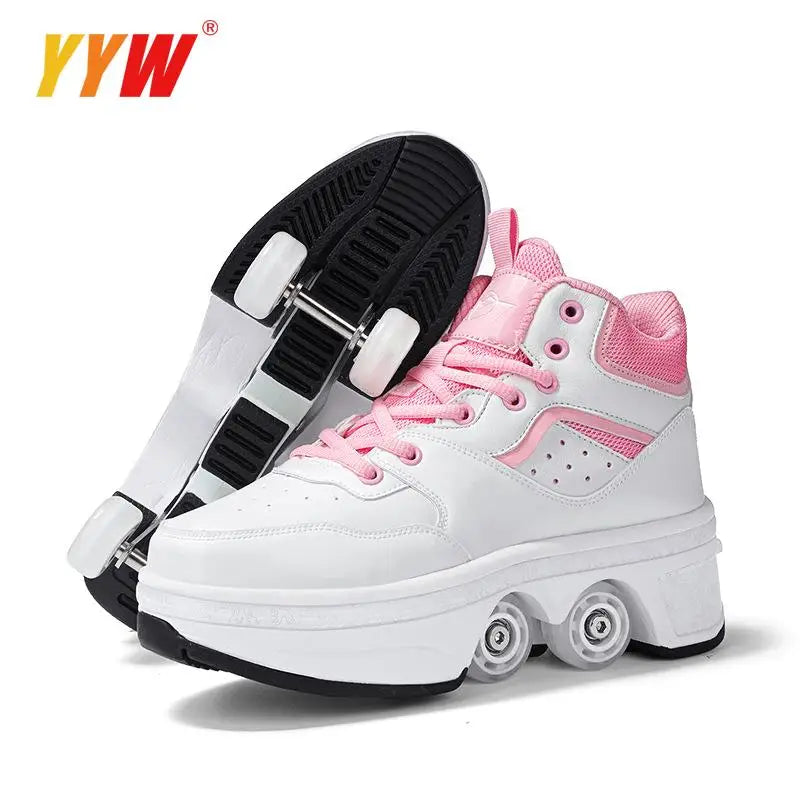 Four-Wheel Dual-Use Skating Shoes Double-Row Roller Student Men's Casual Sneakers Women's Men's Sport Walking Running Shoes