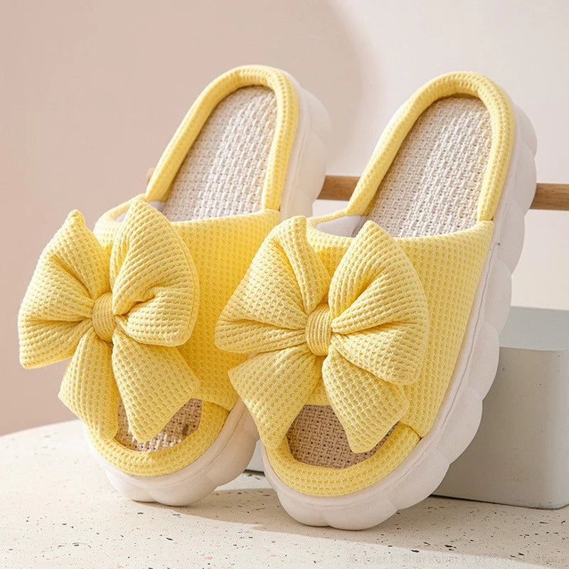 Thick Sole Cartoon Linen Slippers Female Cute Bow Anti-Slip Sweat Home Sandals