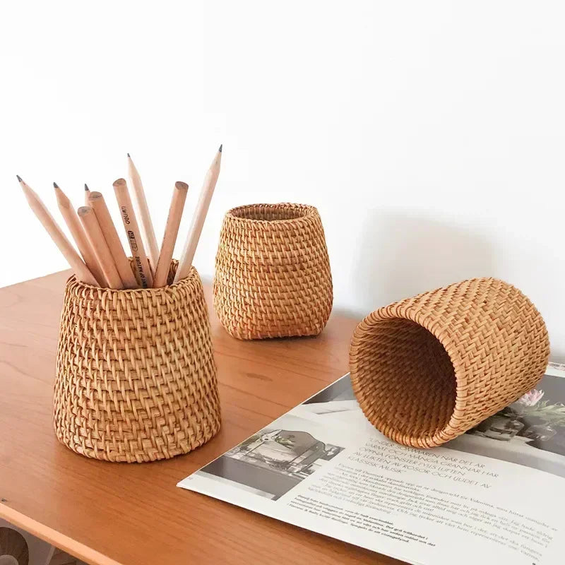 Handmade Pen Holder Hand Woven Wood Vine Rattan Stationery Container Storage Box