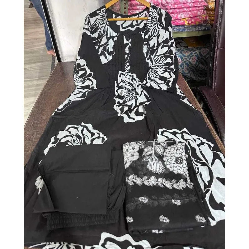 Black Color Printed Kurta Palazzo with Dupatta Set Women Salwar Kameez Suit Set