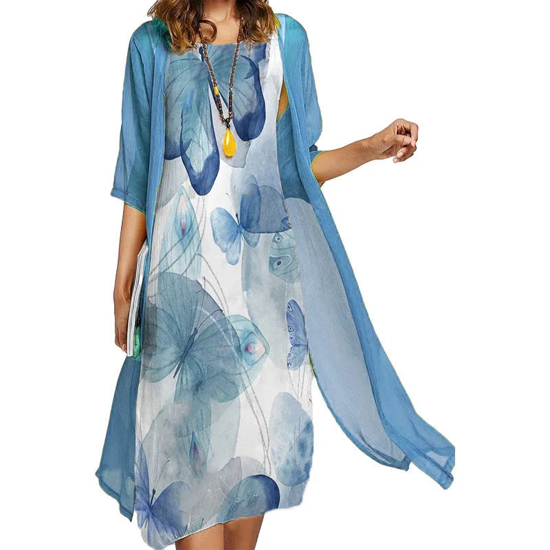 Europe and the United States cross-border fashion casual printed vest dress outside the two-piece set