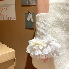 Lace Bow Fingerless Gloves, Winter Warmth, Sun Protection Sleeves, Fake Sleeve Gloves, Women's Clothing Accessories