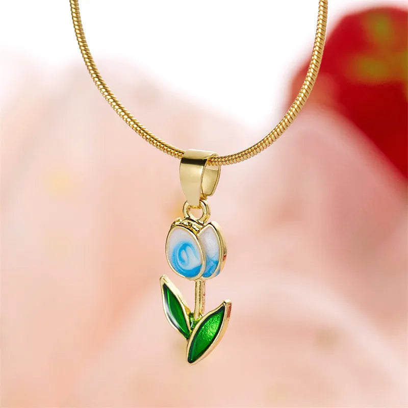 Vintage Elegant Enamel Tulip Flower Pendant Necklace For Women