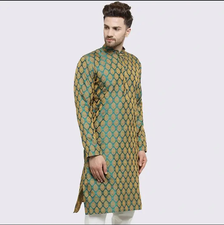 Green Shirt Kurta Indian Men's Clothing Traditional South Asian Ethnic Style Long Tops Vintage