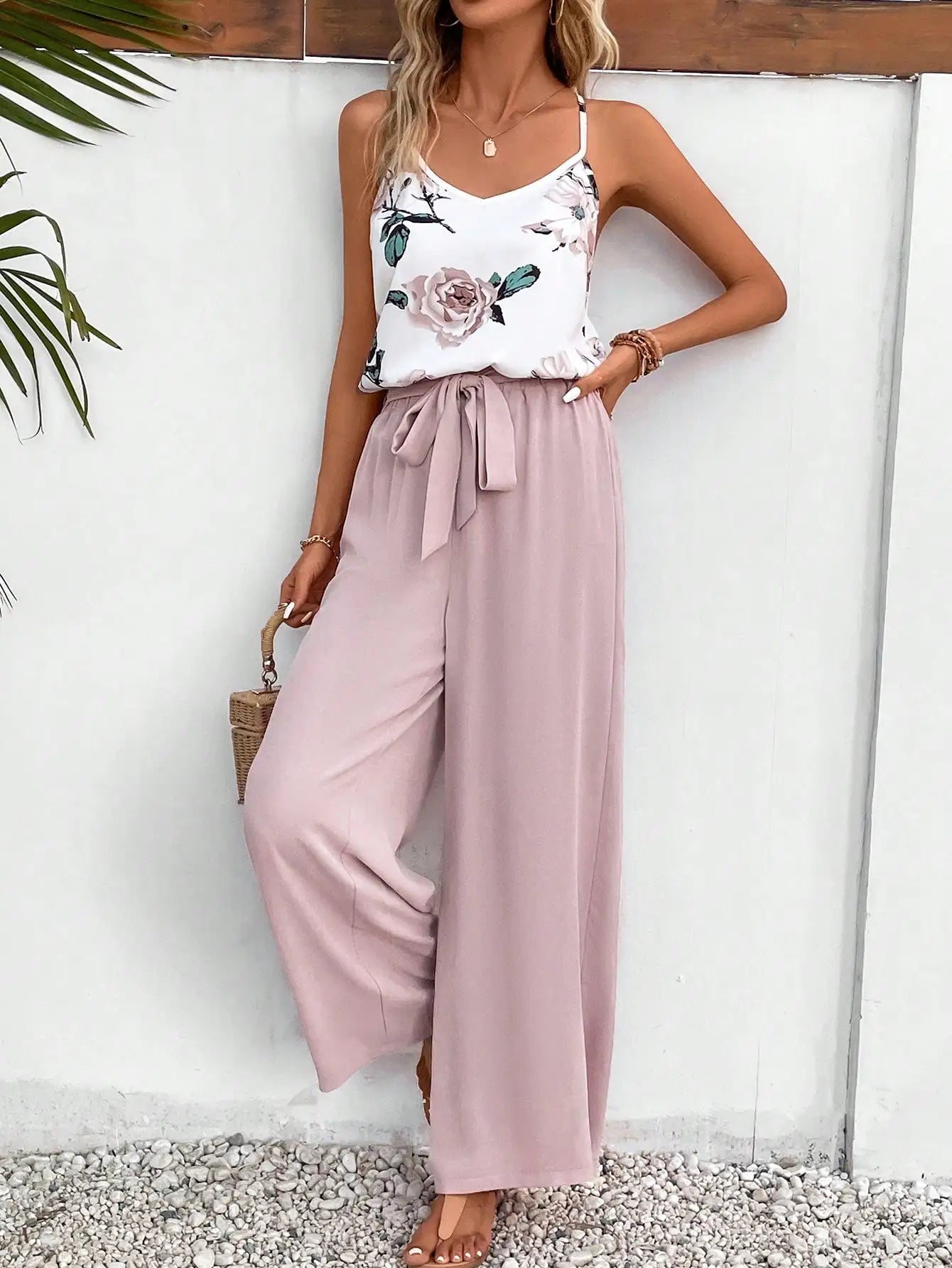 Summer new casual two-piece top printed halter pants Solid color straight-leg trouser suit