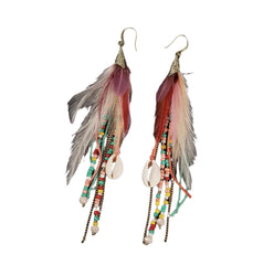 Badu Women Feather Earrings Colorful Beads Shell Beaded Long Tassel Bohemian Jewelry