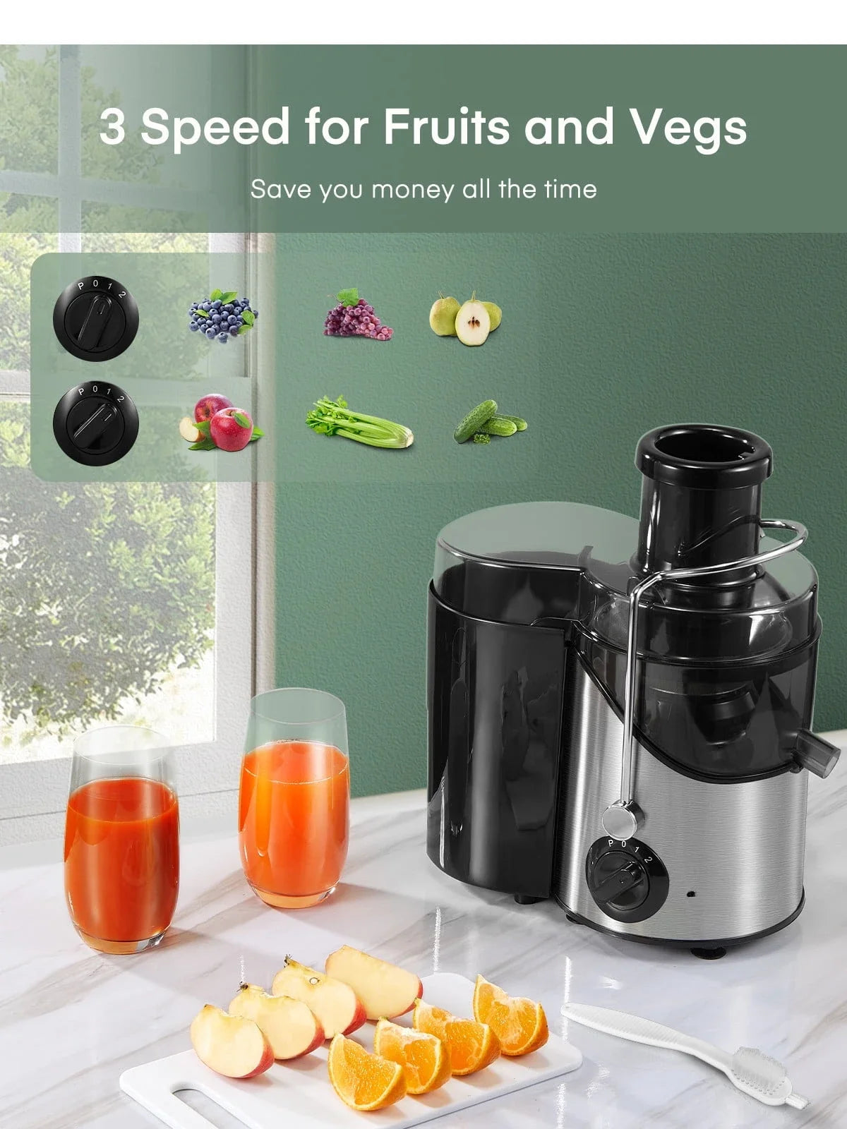 Juicer Machine Easy to Clean, 3" Feed Chute for Whole Fruit and Vegetable, Brush, Silver