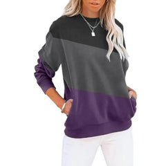 Women's color blocked casual long sleeved top with print round neck sweatshirt