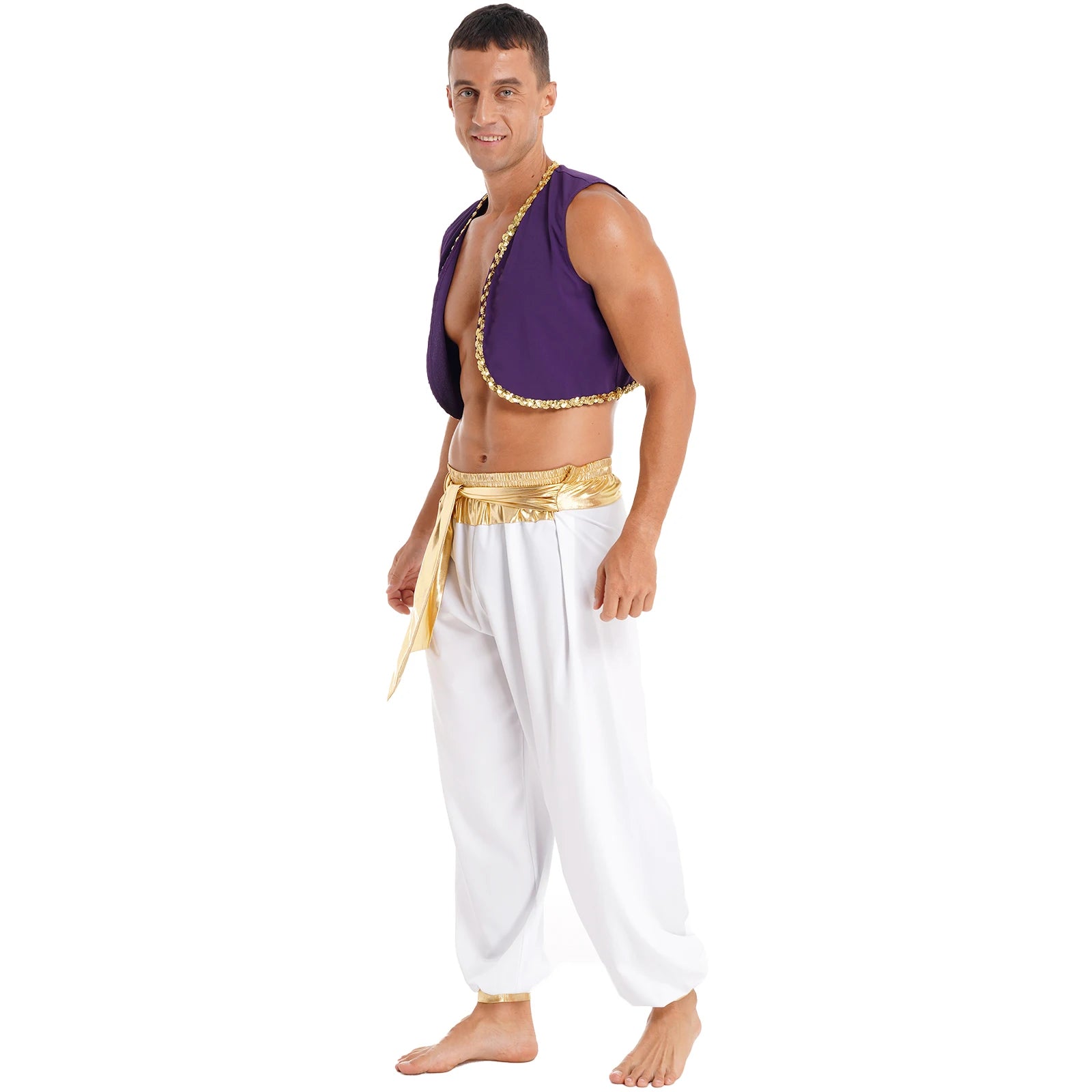 Mens Halloween Arabian Prince Costume Mythical Aladin Party Cosplay Fancy Dress Outfit Sequin Trim Waistcoat with Belted Pants