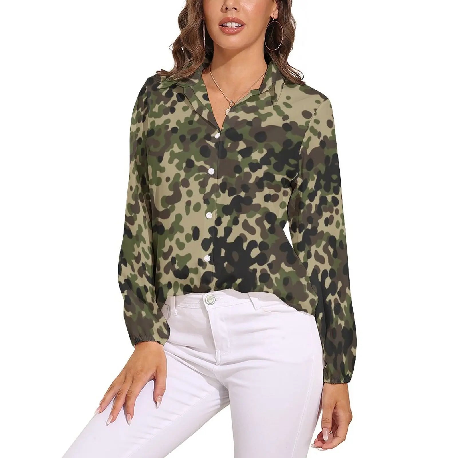 Orange And Green Camo Blouse Army Vector Camouflage Funny Print Blouses Womens Long Sleeve Shirt Summer Oversized Clothing