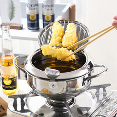 Stainless Steel 2 Handles 2.2L With Thermometer and Lid Tempura Fryer Pan Deep Frying Pot