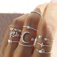 Silver Color Crystal Rings Set for Women, Cubic Zirconia Moon Arrow Flower Heart Finger Wedding Rings, Female Fashion Jewelry