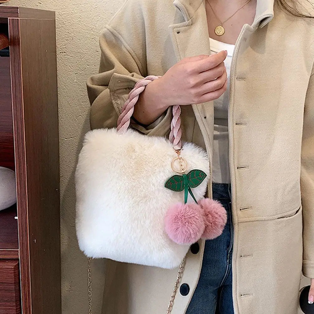 Women Female Cute Cherry Bags Soft Plush Handbags Furry Fluffy Totes Fashion Shopping Bags