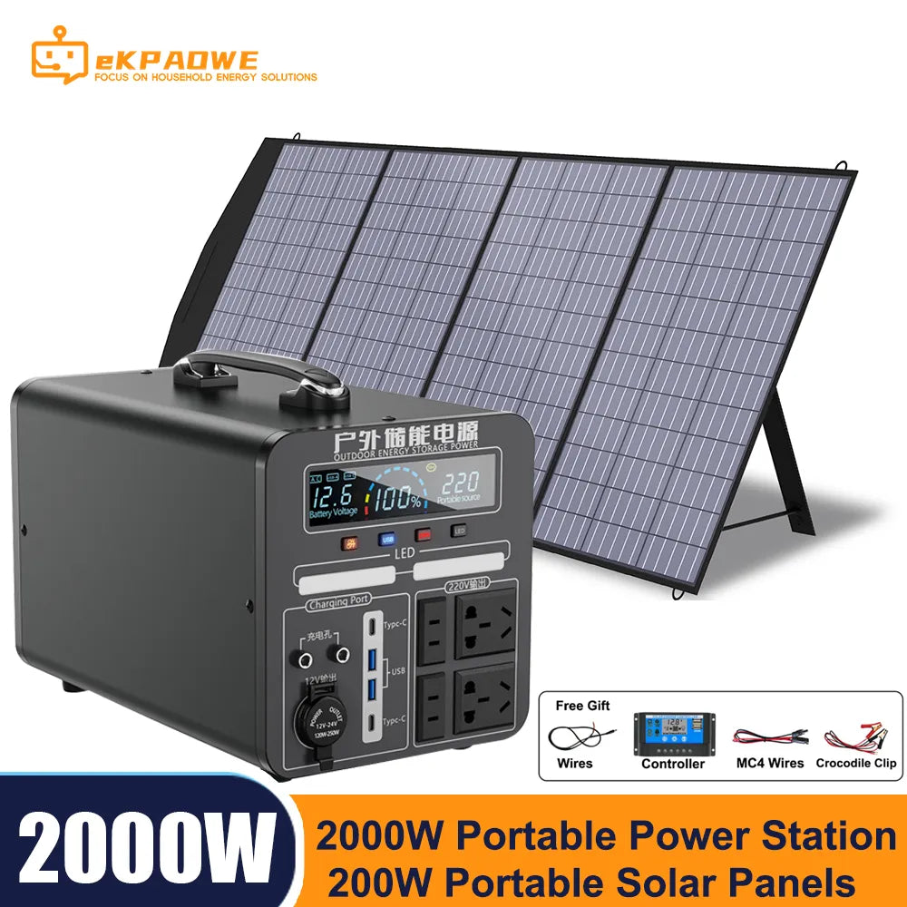 2000W Protable Power Station 200V-240V Solar Generator 200W Solar Panels 1500Wh Pure Sine Wave Power EU Plug Fast Charing