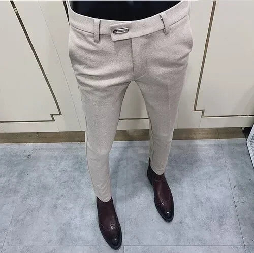 Autumn Winter Thickened Woolen Suit Pant High Quality Men Business Slim Striped Trousers Formal Wear Office Social Dress Pants