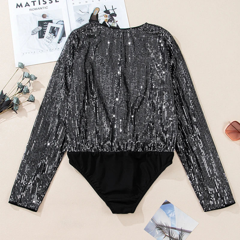 Black Sequin Long Sleeve Bodysuit Women Mesh V Neck Elegant Bodysuits Body Tops Casual Female Night Club Wear S-XL