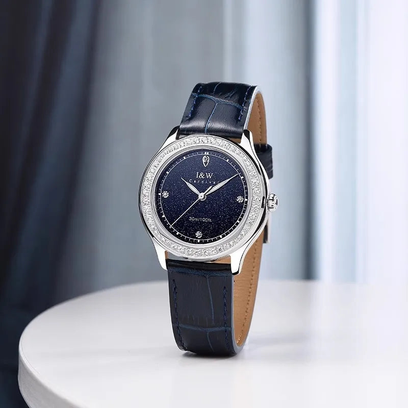 Diamond Blue Dial Quartz Watch Women Simple Premium Leather Strap Luxury Waterproof Ladies Watch