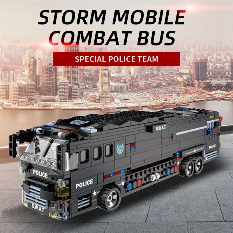 City SWAT Military Car Police Bus Station Model Building Blocks Figures LED Light Vehicle Bricks Toy