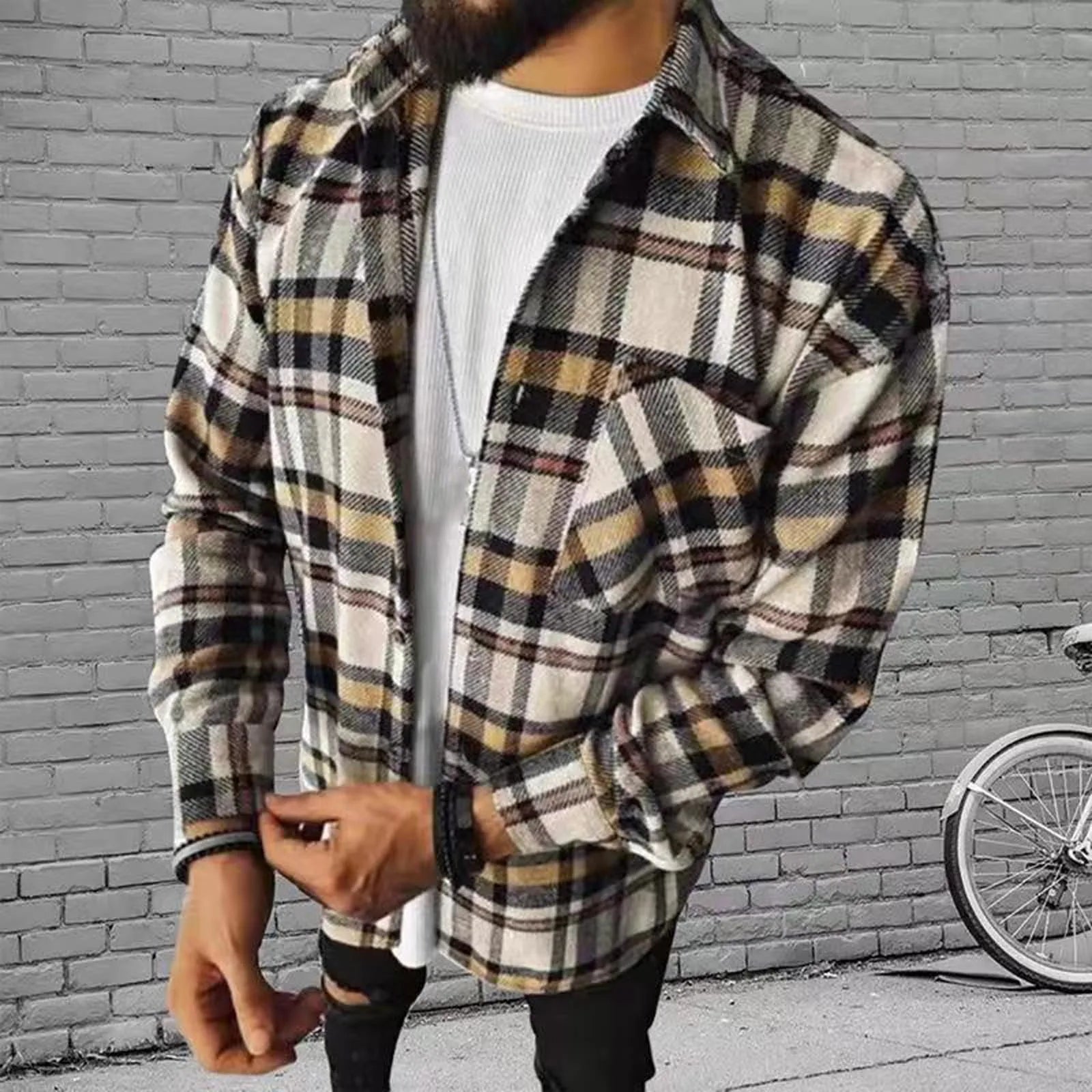 Men Plaid Shirt Flannel Long Sleeve Checked Shirts Street Pocket Loose European American Style Male Casual Soft Male Shirt Tops