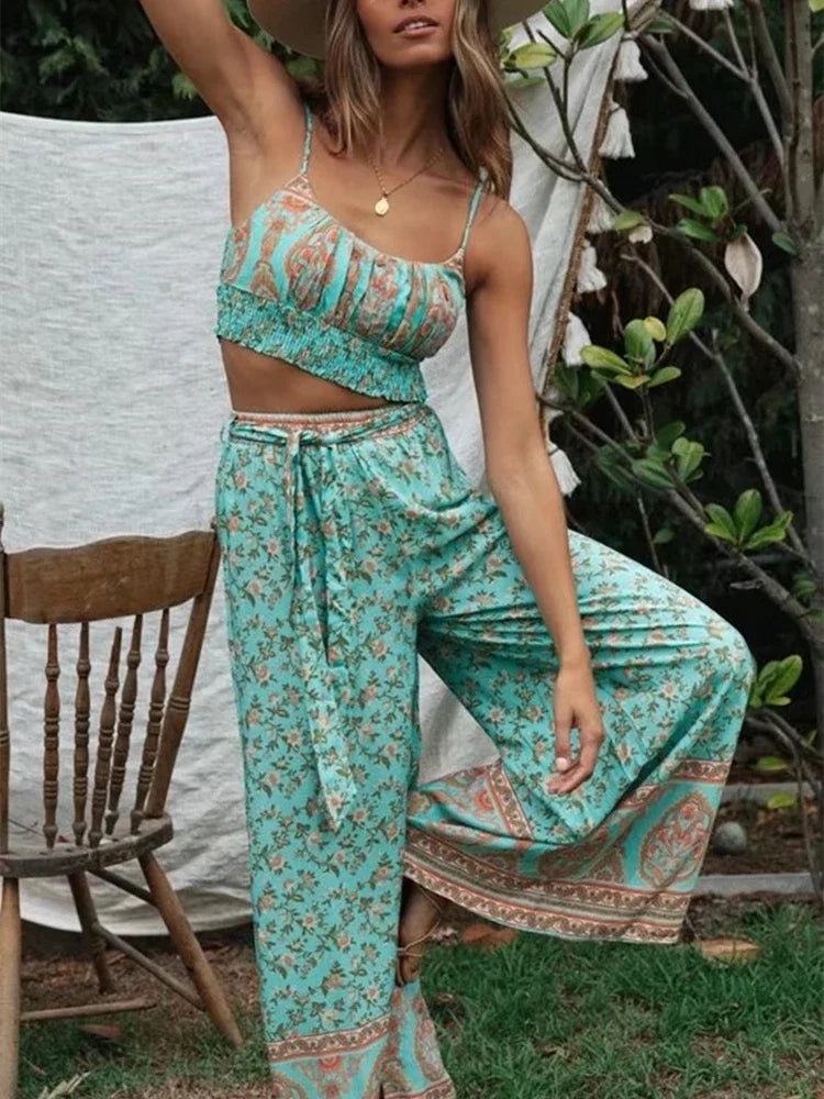 Women Floral Print Outfits Strap Sleeveless Tops Bohemian Suits