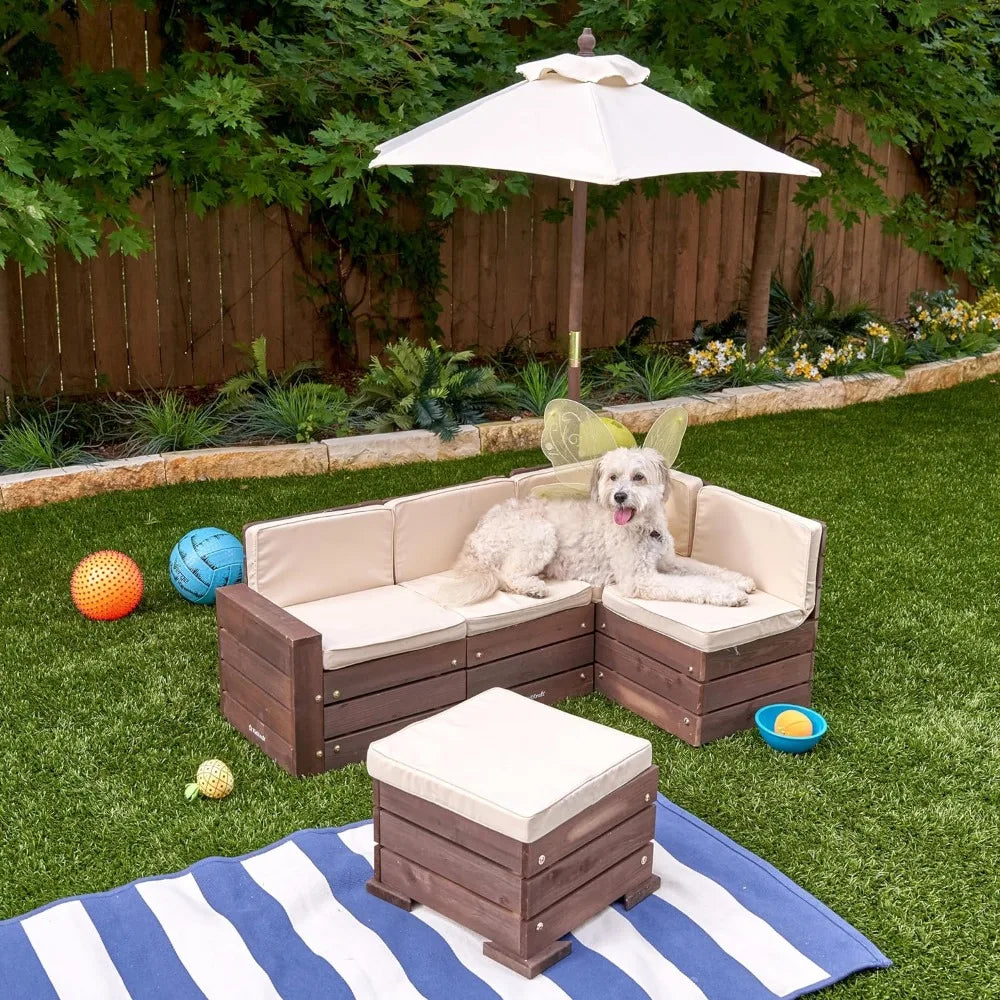 Wooden Outdoor Sectional Ottoman & Umbrella Set with Cushions Patio Furniture for Kids or Pets Bear Brown & Beige