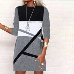 Autumn And Winter New Women's Fashion Splice Round Neck Slim Fit Long Sleeve Printed A-Line Dress