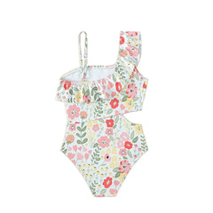 One Piece Oblique Shoulder Swimwear Girl's Printed Kids Swimsuit Ruffles Bathing Suit