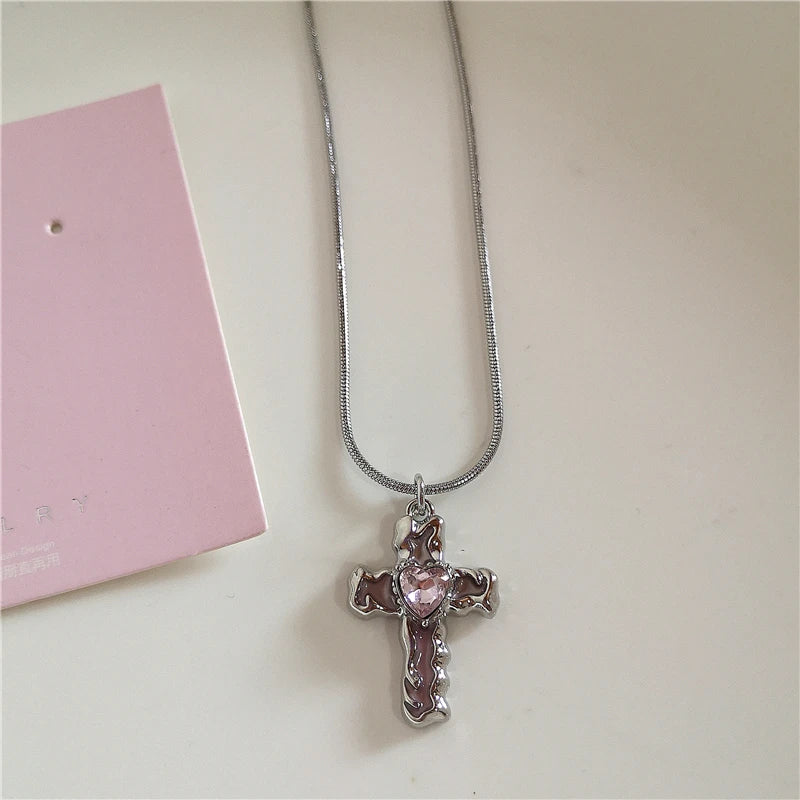 Kpop Vintage Pink Heart Bowknot Pendant Stainless Steel Snake Chain Necklace Girl Goth Y2k Aesthetic Rave Jewelry Accessories