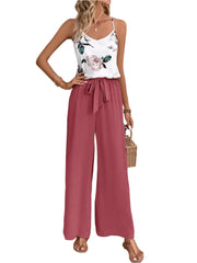 Summer new casual two-piece top printed halter pants Solid color straight-leg trouser suit