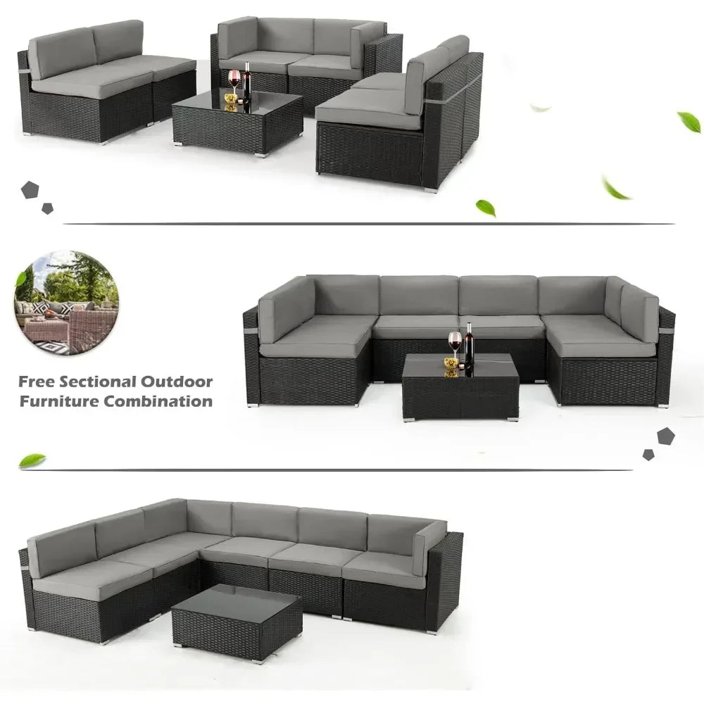 Patio Furniture Sets, 7 Piece PE Rattan Wicker Sofa Set, Outdoor Sectional Furniture Chair Set, Outdoor Furniture Sets