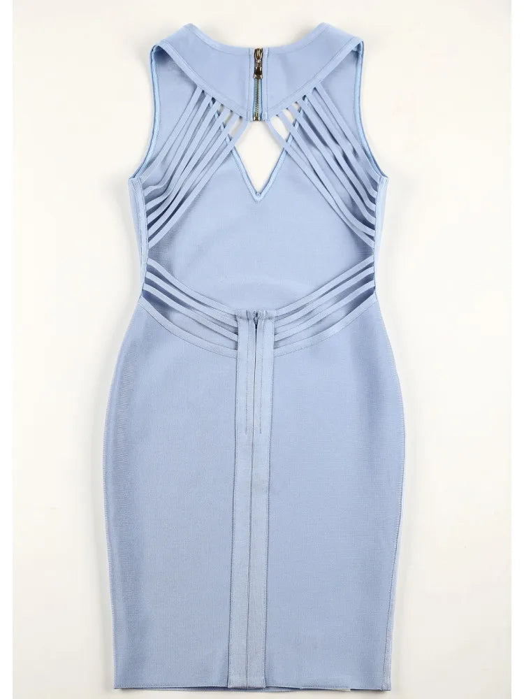 New Fashion V Neck Designer Light Blue Bandage Dress Women Backless Summer Party Dress