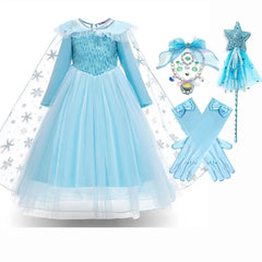 Frozen Girls Elsa Cosplay Long Sleeves Dress Fancy Costume