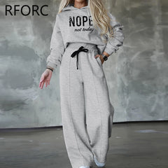 Women Letter Print Hooded Sweatshirt Top & Drawstring Bottoms Two Pieces Casual Pants Set