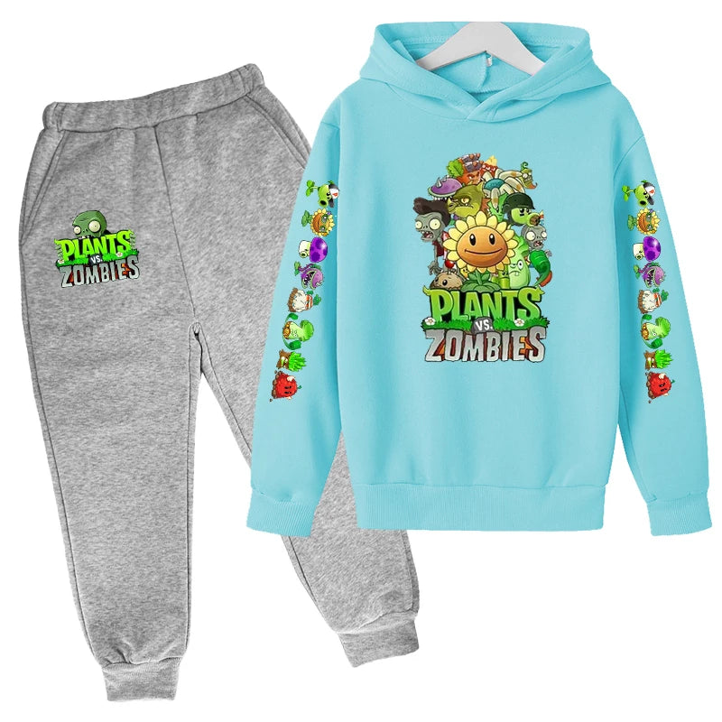 Kids Hooded Pullover Popular Game Plants vs. Monster Print Boys/Girls Top/Pants Clothing Set