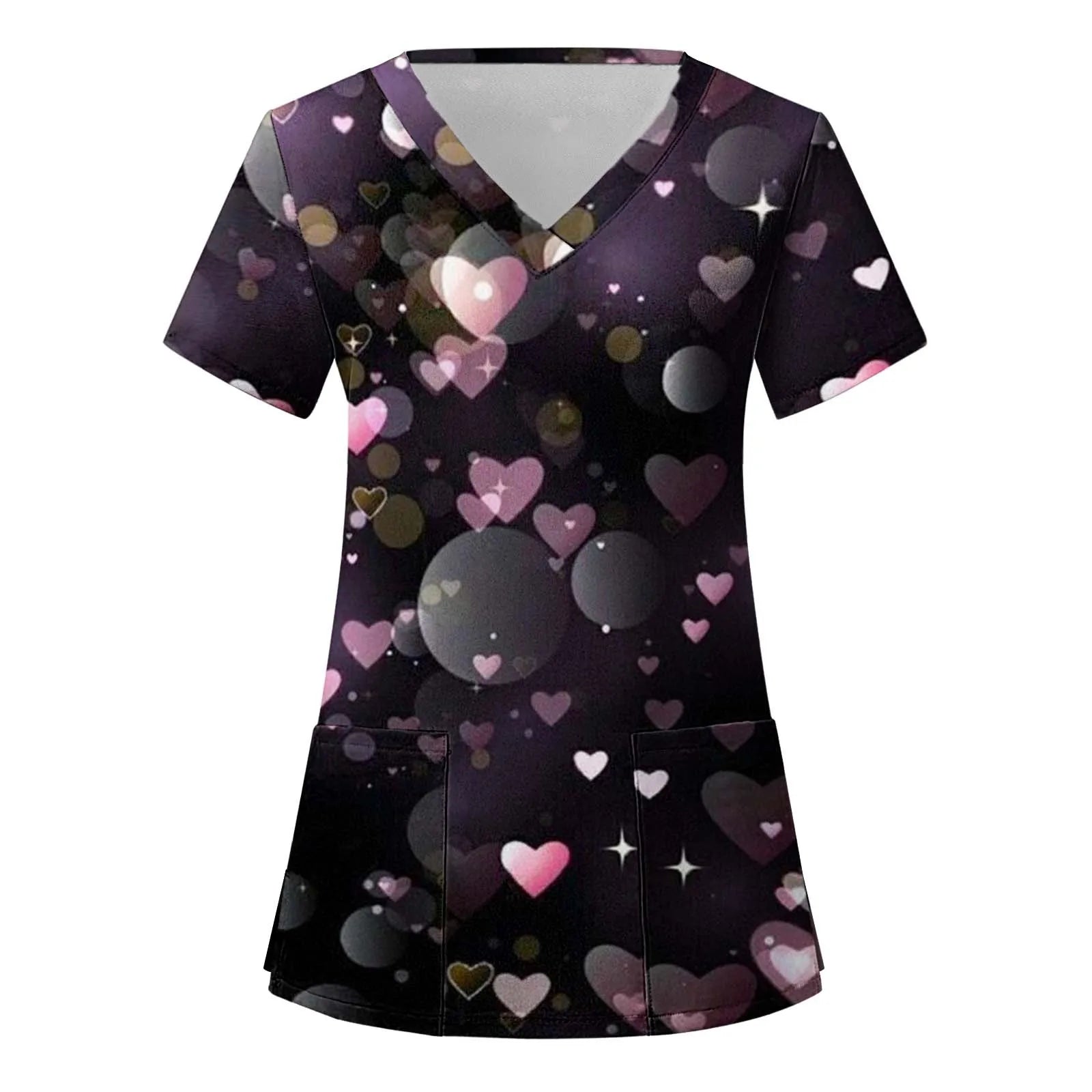 Short-sleeved Top For Nurses V-neck Women Valentine's Day Love Print Uniform Casual Women's Blouse