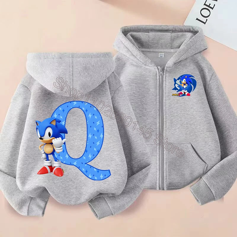 New Sonics Boys Zip-up Hoodies Kids Anime Hoodie Cartoon Letter Printed Tops Winter Warm Jacket Coat Autumn Children Clothing