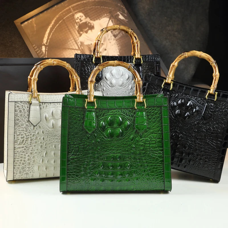 Brand Genuine Leather Bamboo Women's Bag Crocodile Pattern Ladies Handbag