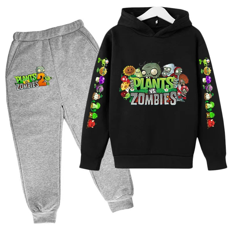 Kids Hooded Pullover Popular Game Plants vs. Monster Print Boys/Girls Top/Pants Clothing Set