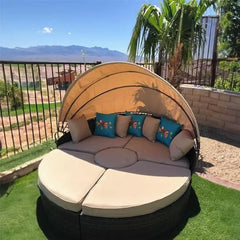 New Outdoor Patio Round Daybed with Retractable Canopy, Brown Wicker Furniture